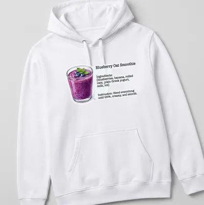 Illustrative t-shirt featuring ingredients and instructions for a blueberry oat smoothie — printed on a unisex hoodie