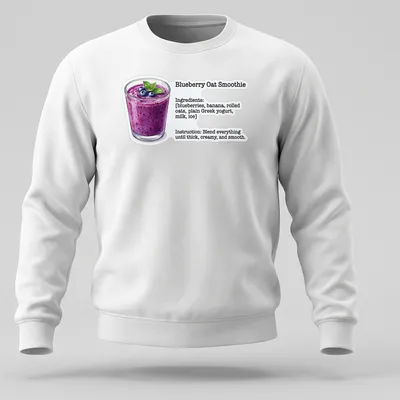 Illustrative t-shirt featuring ingredients and instructions for a blueberry oat smoothie — printed on a unisex sweatshirt