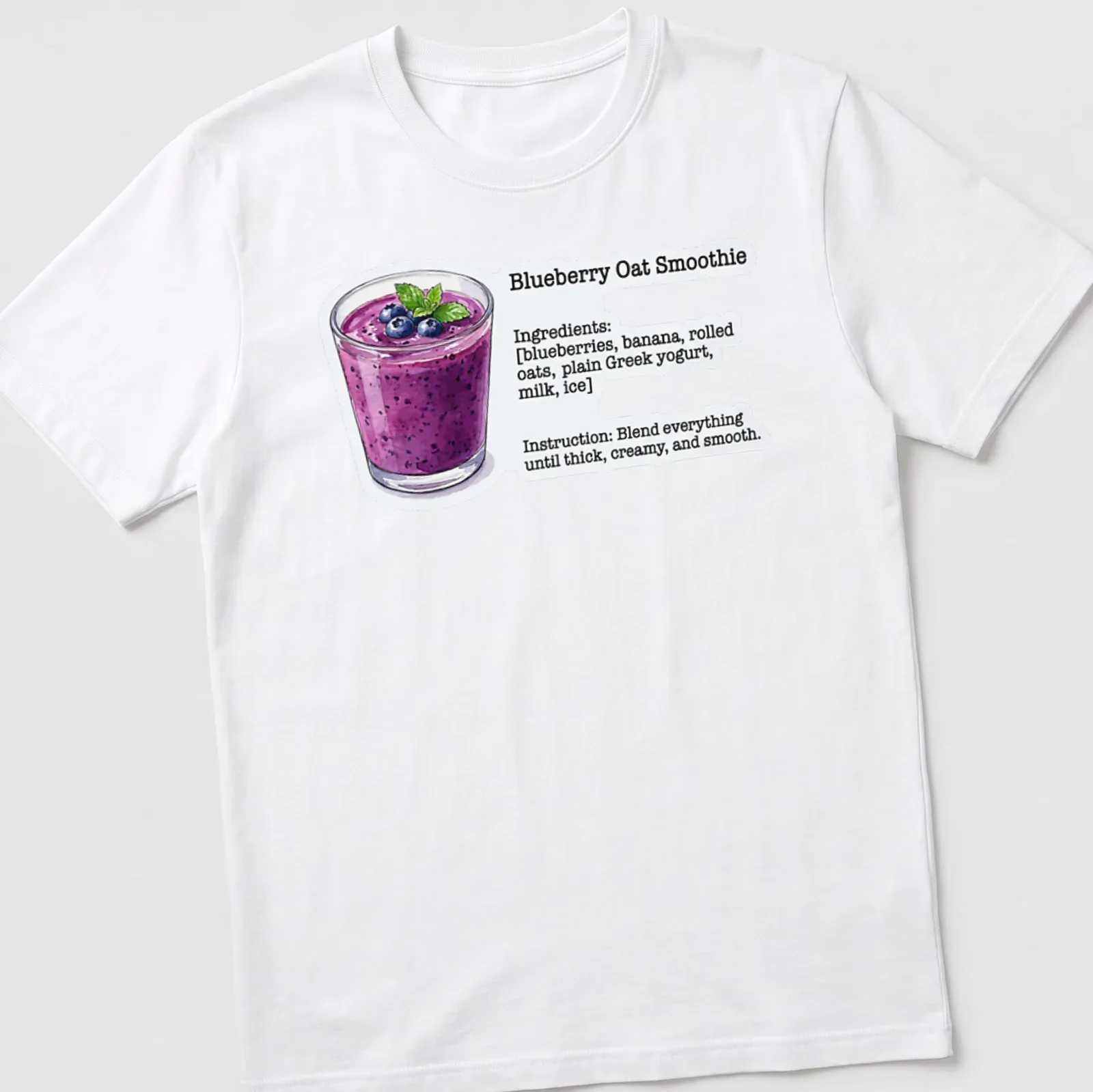 Illustrative t-shirt featuring ingredients and instructions for a blueberry oat smoothie — printed on a unisex t-shirt
