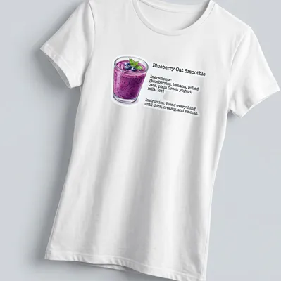 Illustrative t-shirt featuring ingredients and instructions for a blueberry oat smoothie — printed on a women's shirt