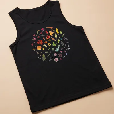Botanical circle wreath design with colorful wildflowers and the word 'origins' — printed on a tank top