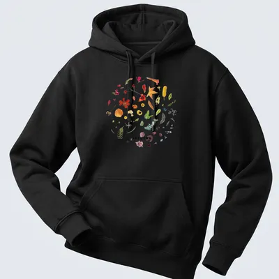 Botanical circle wreath design with colorful wildflowers and the word 'origins' — printed on a unisex hoodie
