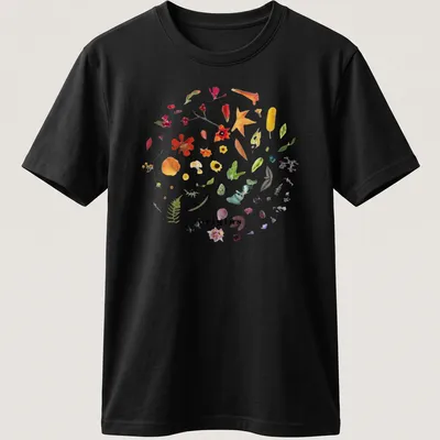 Botanical circle wreath design with colorful wildflowers and the word 'origins'