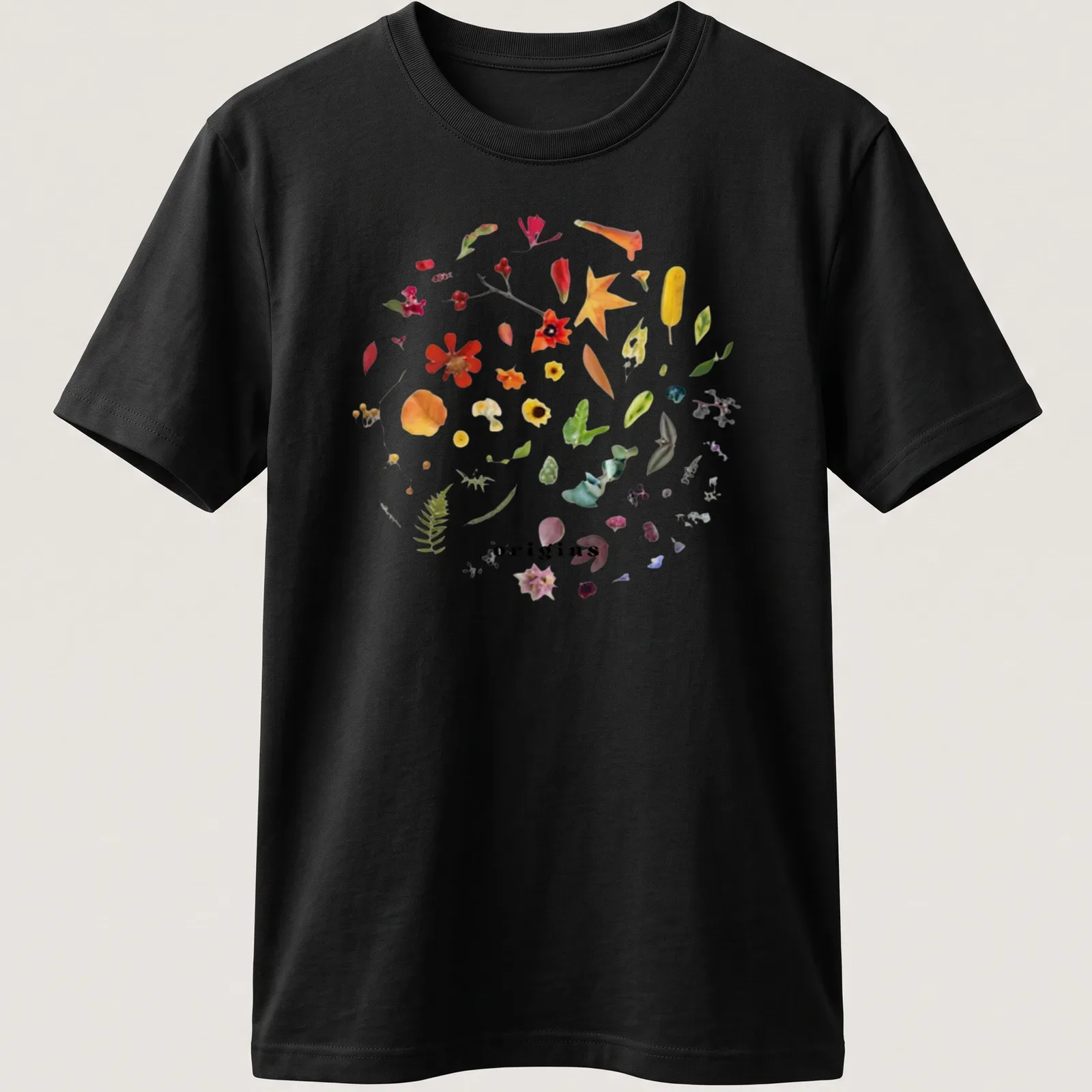 Botanical circle wreath design with colorful wildflowers and the word 'origins' — printed on a unisex t-shirt