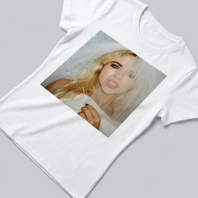 Photographic bridal fashion portrait featuring a model in a veil. — printed on a women's shirt