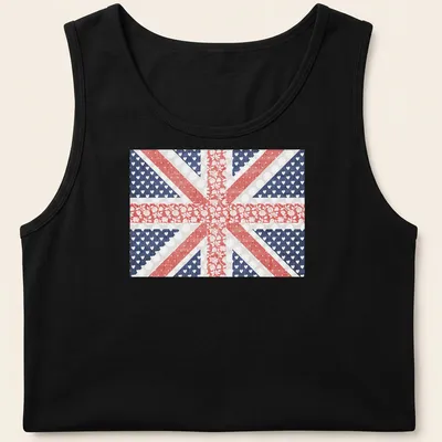 Patchwork British flag design with floral elements in red, blue, white, and pink — printed on a tank top
