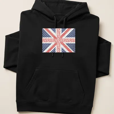 Patchwork British flag design with floral elements in red, blue, white, and pink — printed on a unisex hoodie