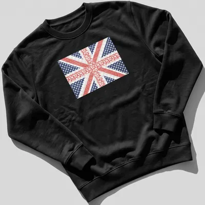 Patchwork British flag design with floral elements in red, blue, white, and pink — printed on a unisex sweatshirt