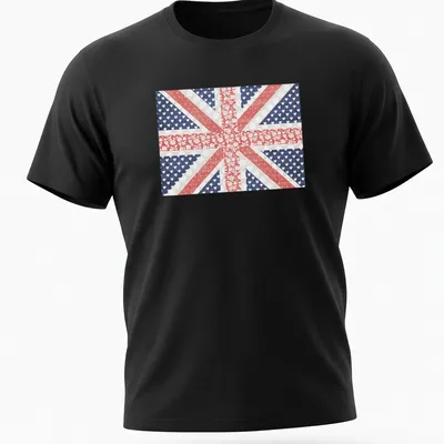 Patchwork British flag design with floral elements in red, blue, white, and pink