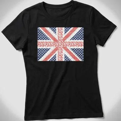 Patchwork British flag design with floral elements in red, blue, white, and pink — printed on a women's shirt