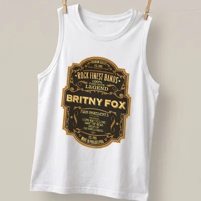 Vintage badge shirt featuring Britny Fox and their song titles in black, gold, and cream. — printed on a tank top