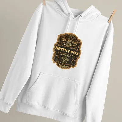 Vintage badge shirt featuring Britny Fox and their song titles in black, gold, and cream. — printed on a unisex hoodie