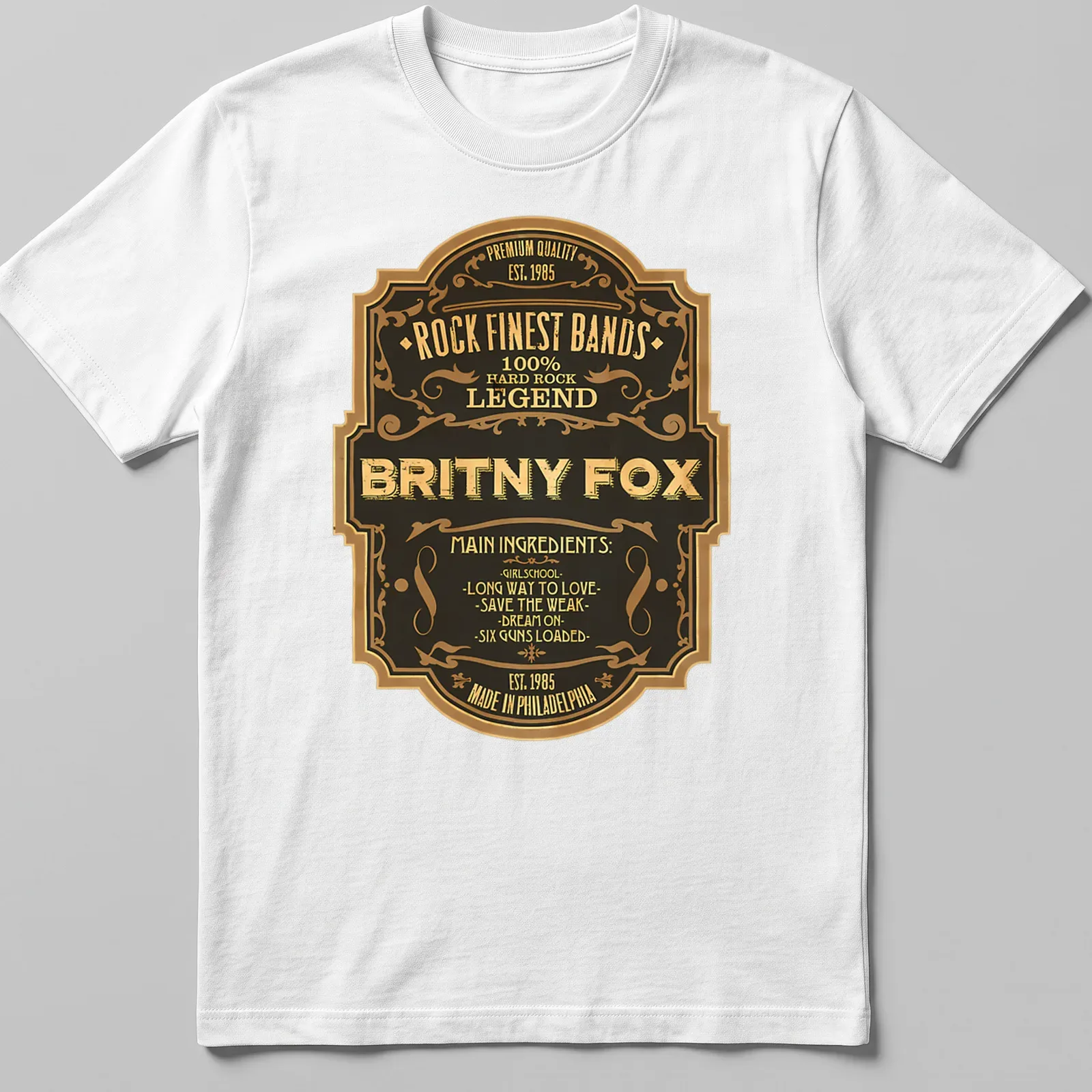 Vintage badge shirt featuring Britny Fox and their song titles in black, gold, and cream. — printed on a unisex t-shirt