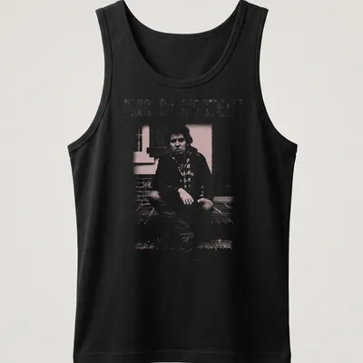 Fanart style t-shirt featuring Bruce Springsteen's name in white and light pink — printed on a tank top