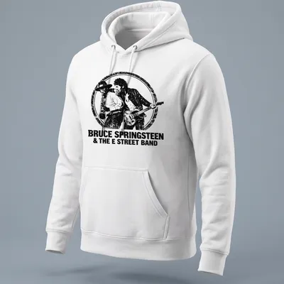 Vintage distressed Bruce Springsteen and E Street Band t-shirt with black and white design — printed on a unisex hoodie