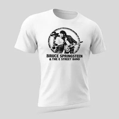 Vintage distressed Bruce Springsteen and E Street Band t-shirt with black and white design — printed on a unisex t-shirt (angled view)