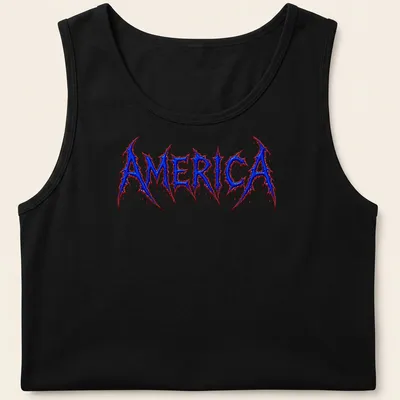 Sharp and edgy Brutal Death Metal logo with AMERICA text in blue, red, and white. — printed on a tank top