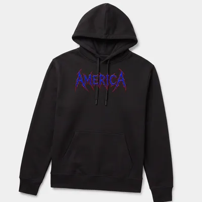Sharp and edgy Brutal Death Metal logo with AMERICA text in blue, red, and white. — printed on a unisex hoodie