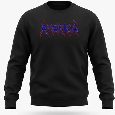 Sharp and edgy Brutal Death Metal logo with AMERICA text in blue, red, and white. — printed on a unisex sweatshirt