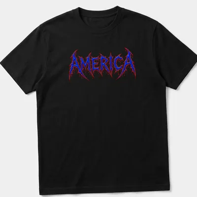Sharp and edgy Brutal Death Metal logo with AMERICA text in blue, red, and white.