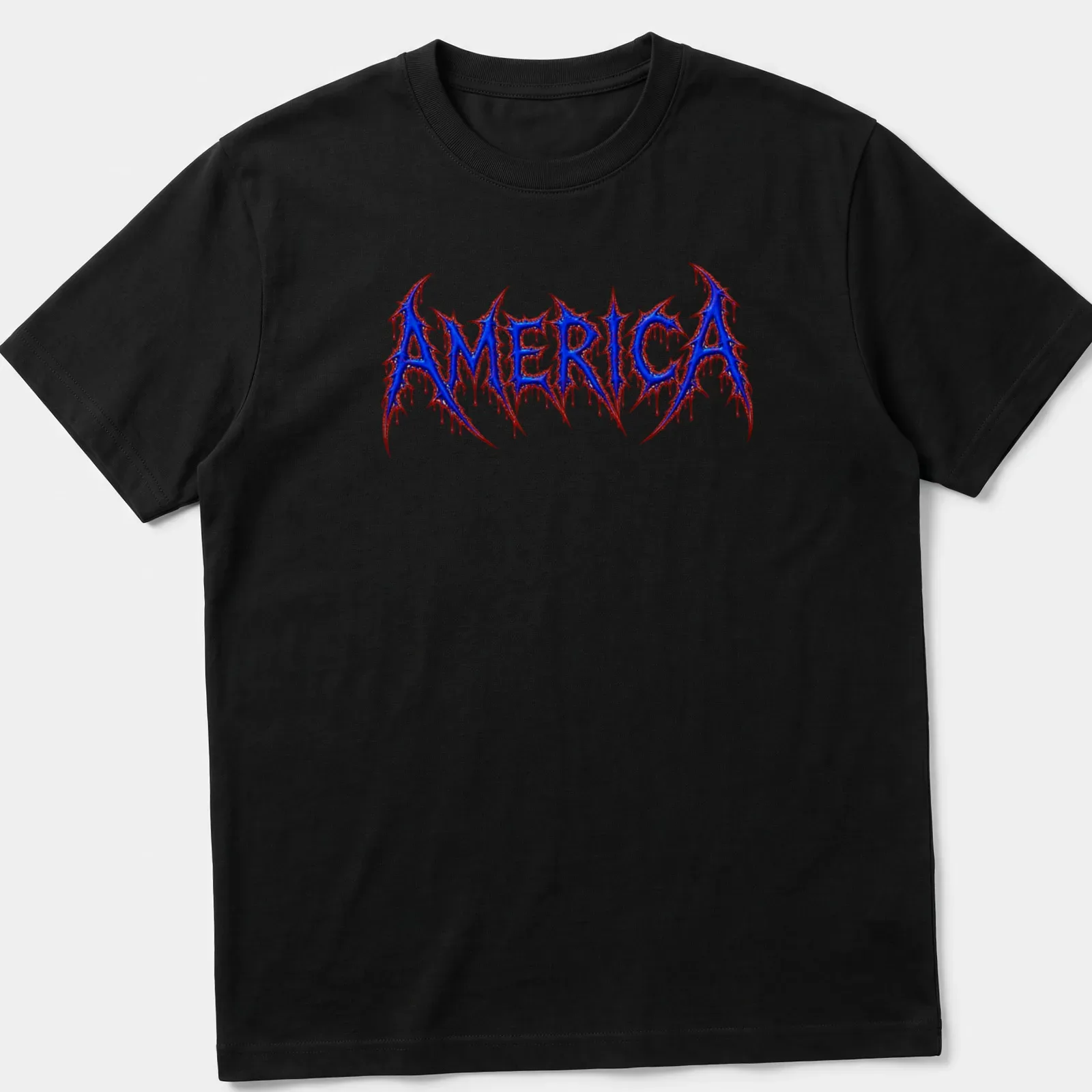 Sharp and edgy Brutal Death Metal logo with AMERICA text in blue, red, and white. — printed on a unisex t-shirt