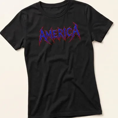 Sharp and edgy Brutal Death Metal logo with AMERICA text in blue, red, and white. — printed on a women's shirt