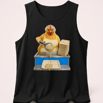 Realistic chicken in a cafeteria uniform serving lunch with humorous print — printed on a tank top