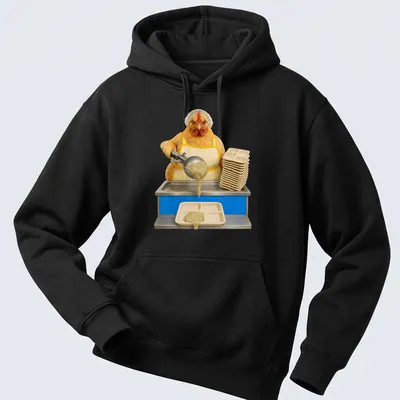 Realistic chicken in a cafeteria uniform serving lunch with humorous print — printed on a unisex hoodie