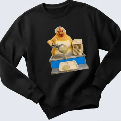 Realistic chicken in a cafeteria uniform serving lunch with humorous print — printed on a unisex sweatshirt