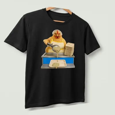 Realistic chicken in a cafeteria uniform serving lunch with humorous print — printed on a unisex t-shirt (angled view)