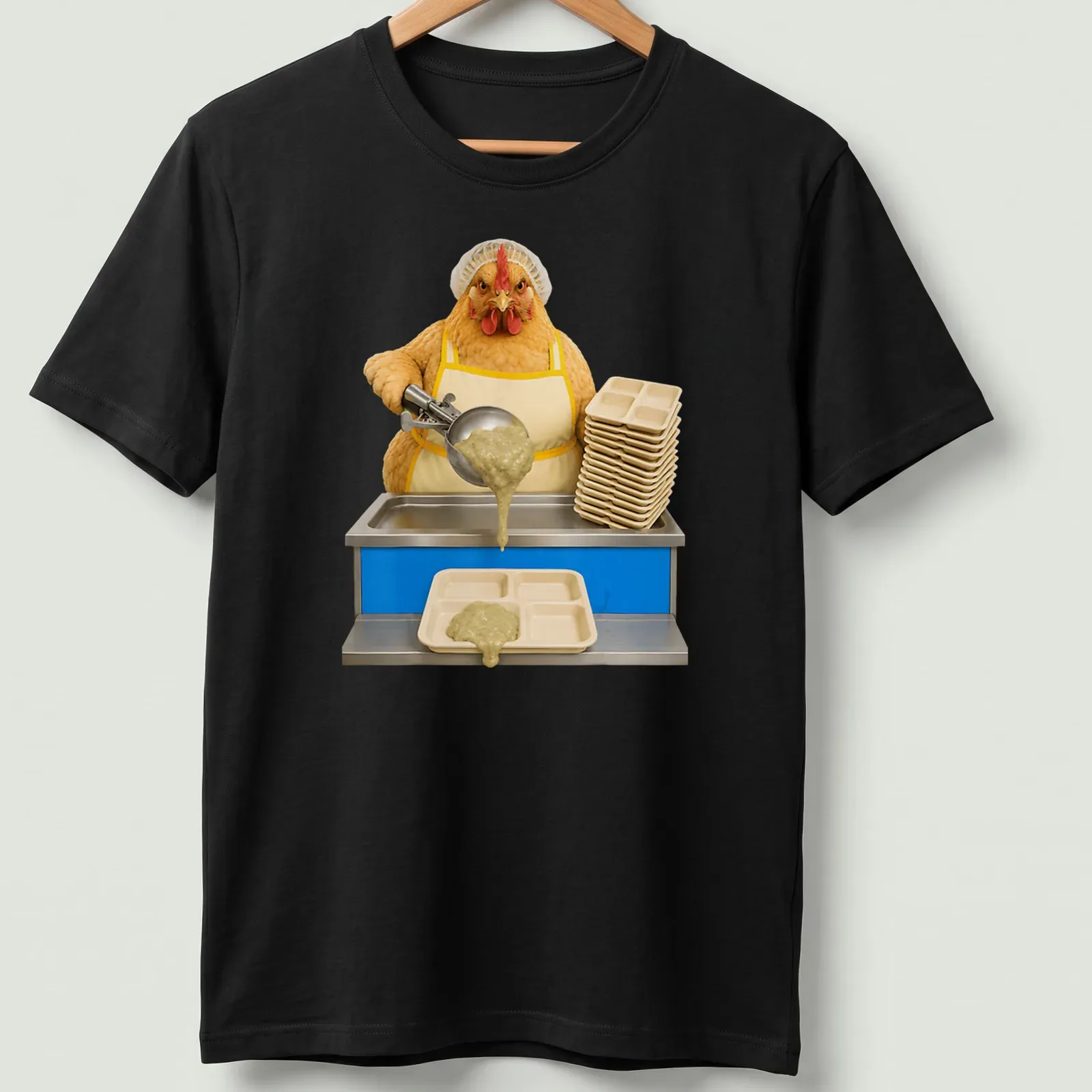 Realistic chicken in a cafeteria uniform serving lunch with humorous print — printed on a unisex t-shirt