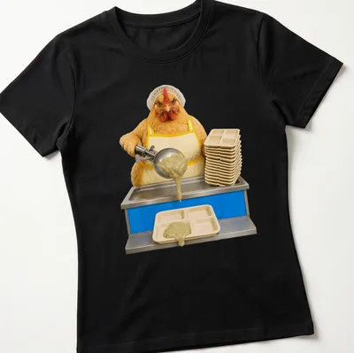 Realistic chicken in a cafeteria uniform serving lunch with humorous print — printed on a women's shirt