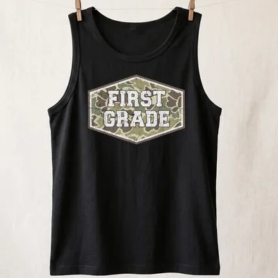 Vintage camo print t-shirt with 'FIRST GRADE' in bold lettering — printed on a tank top