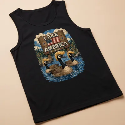 Vintage style t-shirt featuring Canadian geese with retro hairstyles and lake theme — printed on a tank top