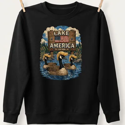 Vintage style t-shirt featuring Canadian geese with retro hairstyles and lake theme — printed on a unisex sweatshirt