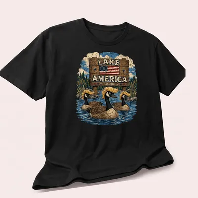 Vintage style t-shirt featuring Canadian geese with retro hairstyles and lake theme — printed on a unisex t-shirt (angled view)