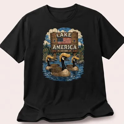 Vintage style t-shirt featuring Canadian geese with retro hairstyles and lake theme