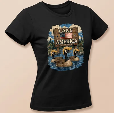 Vintage style t-shirt featuring Canadian geese with retro hairstyles and lake theme — printed on a women's shirt