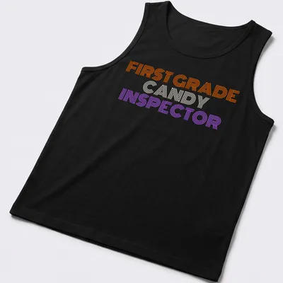 Bold striped Halloween tee featuring First Grade Candy Inspector text — printed on a tank top