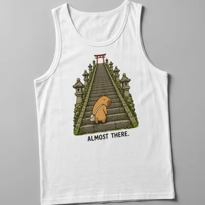 Kawaii capybara illustration climbing stairs with text 'ALMOST THERE.' — printed on a tank top