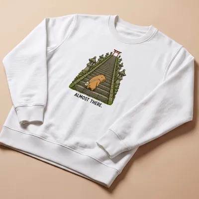 Kawaii capybara illustration climbing stairs with text 'ALMOST THERE.' — printed on a unisex sweatshirt
