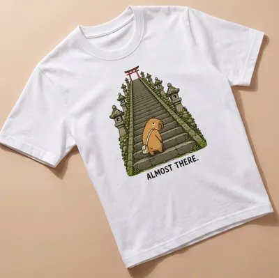 Kawaii capybara illustration climbing stairs with text 'ALMOST THERE.'