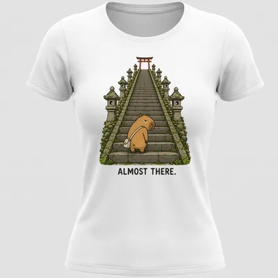 Kawaii capybara illustration climbing stairs with text 'ALMOST THERE.' — printed on a women's shirt
