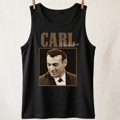 Vintage Carl Perkins T-shirt with retro text design in brown and cream — printed on a tank top