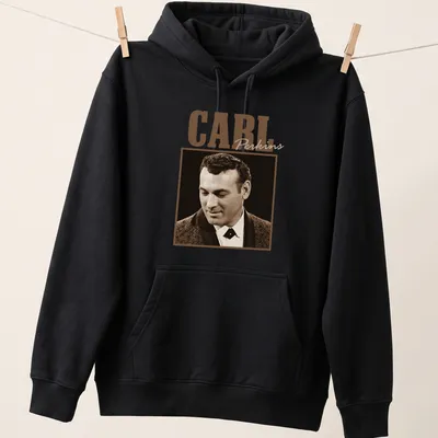Vintage Carl Perkins T-shirt with retro text design in brown and cream — printed on a unisex hoodie