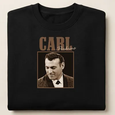Vintage Carl Perkins T-shirt with retro text design in brown and cream — printed on a unisex sweatshirt