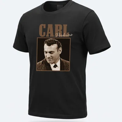 Vintage Carl Perkins T-shirt with retro text design in brown and cream