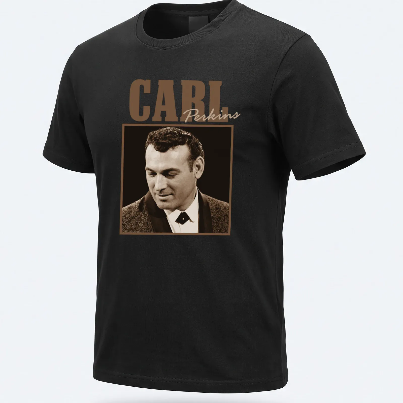 Vintage Carl Perkins T-shirt with retro text design in brown and cream — printed on a unisex t-shirt
