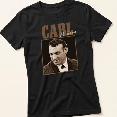 Vintage Carl Perkins T-shirt with retro text design in brown and cream — printed on a women's shirt
