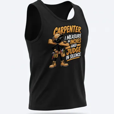 Cartoon carpenter graphic with humorous text about measurements and silence — printed on a tank top